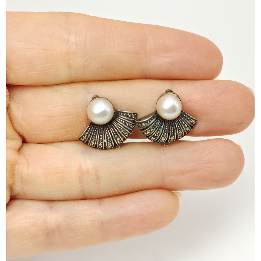 Signed TF Theodor Fahrner Clip on Earrings Pearl Marcasite Stone Fan 900 Silver - Picture 2 of 13